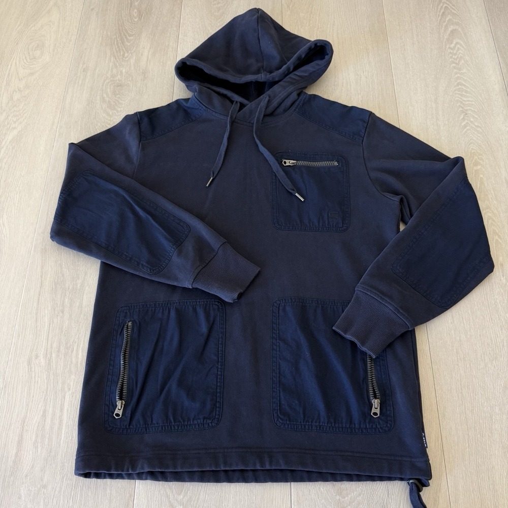 G-STAR Raw Premium Core Pullover Hoodie Navy Blue Mens S Small Multi Zip Pockets